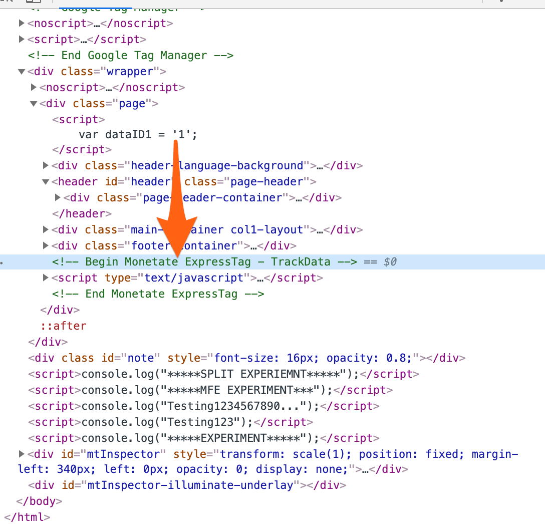 Example of where the Monetate tag code appears in the HTML code for a site