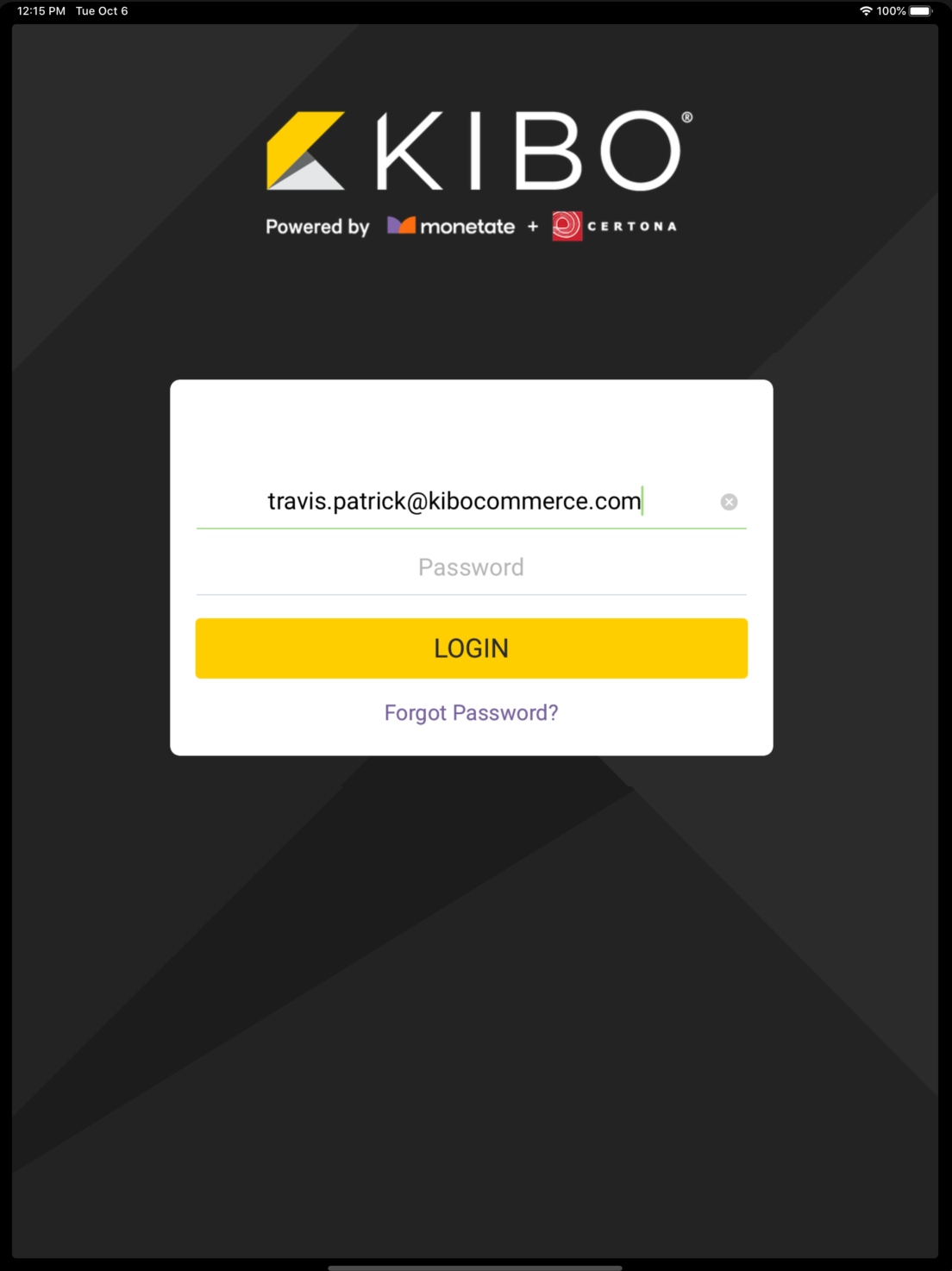 The application login form