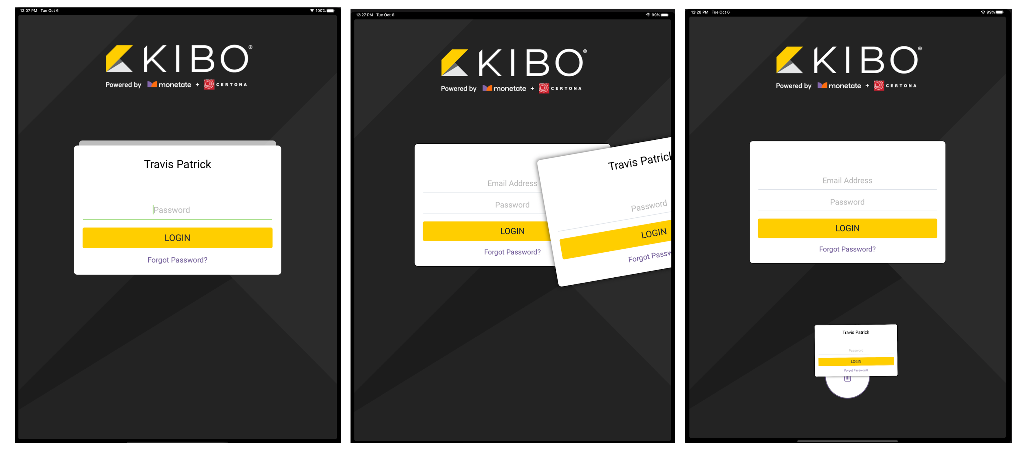 Three frames showing how the login form can be swiped to a blank version