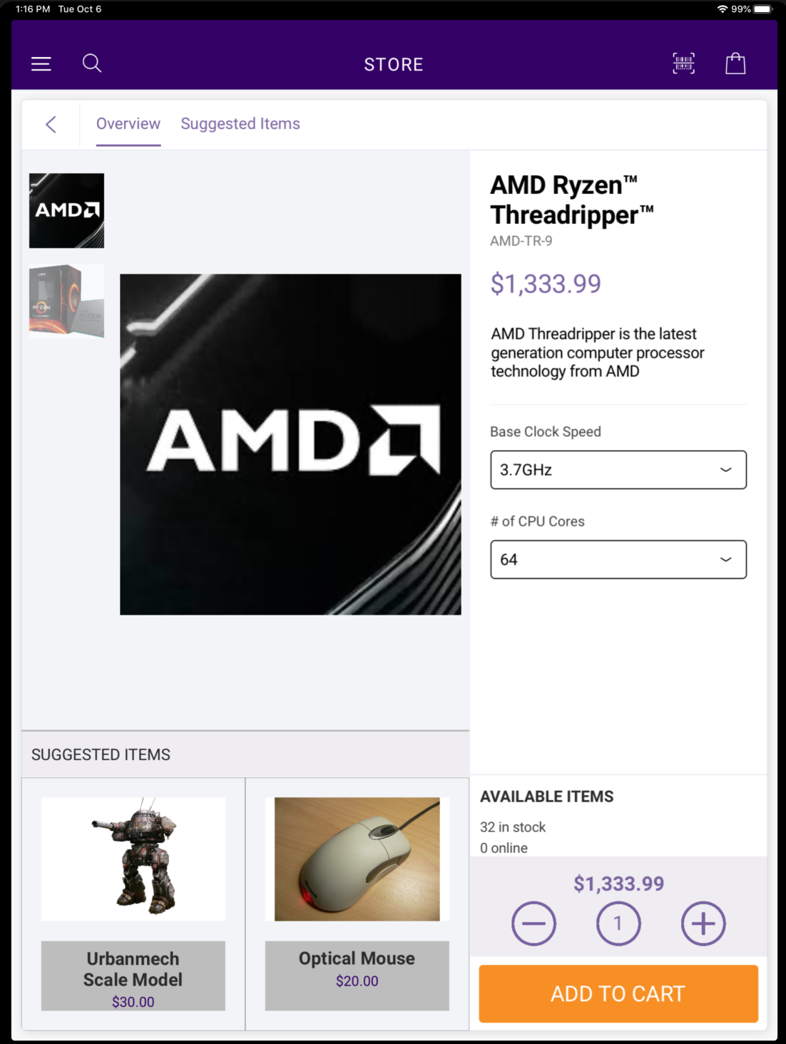 Example of the product page with product options selected and ready to add to the cart