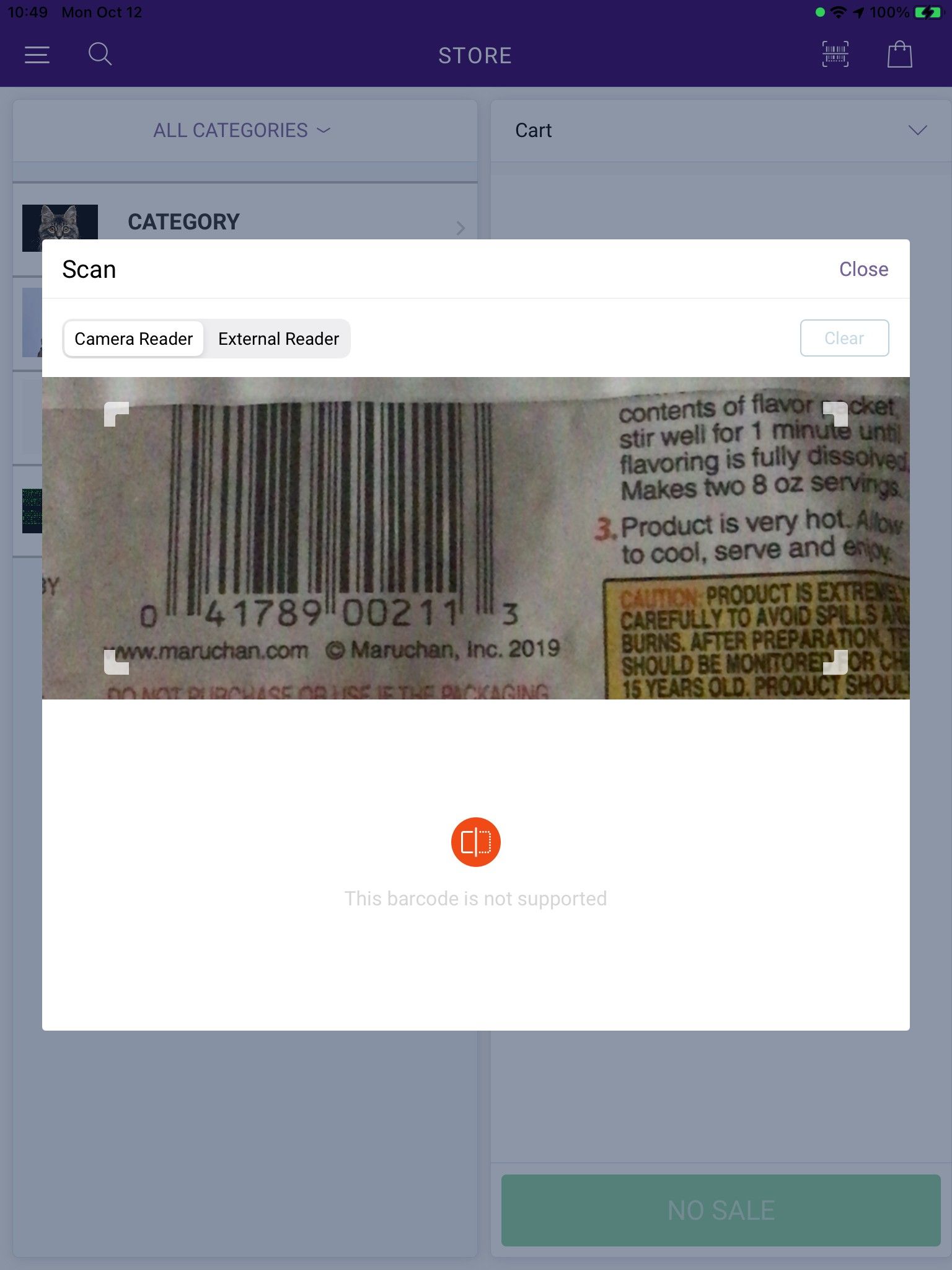 Example of scanning a barcode with the camera reader, with an error message for an unsupported barcode