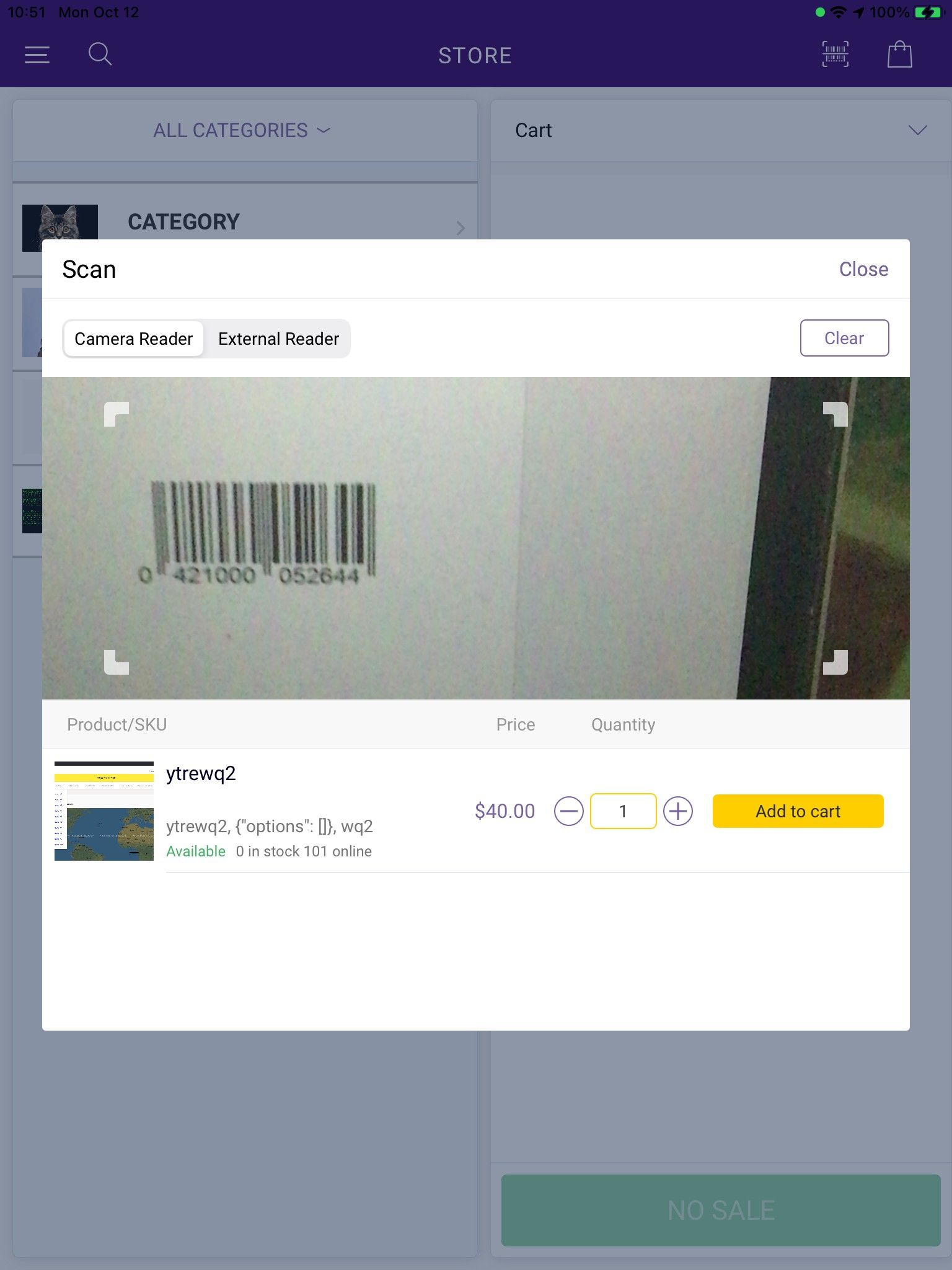 Example of scanning a product with the camera, with the product details populated
