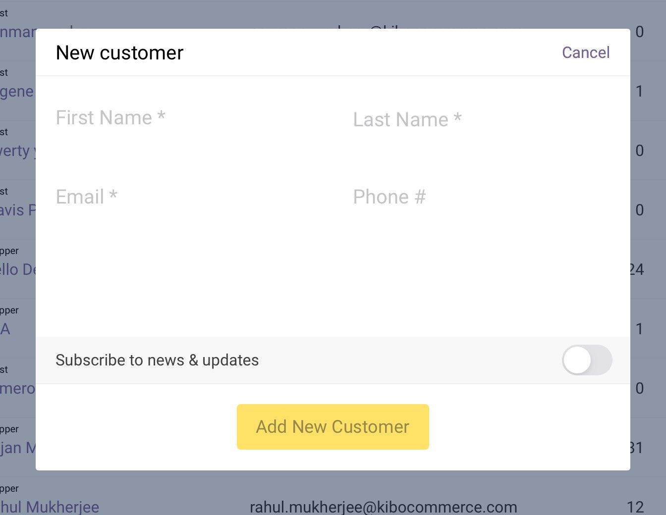 Pop-up prompting the user to set configurations for a new customer