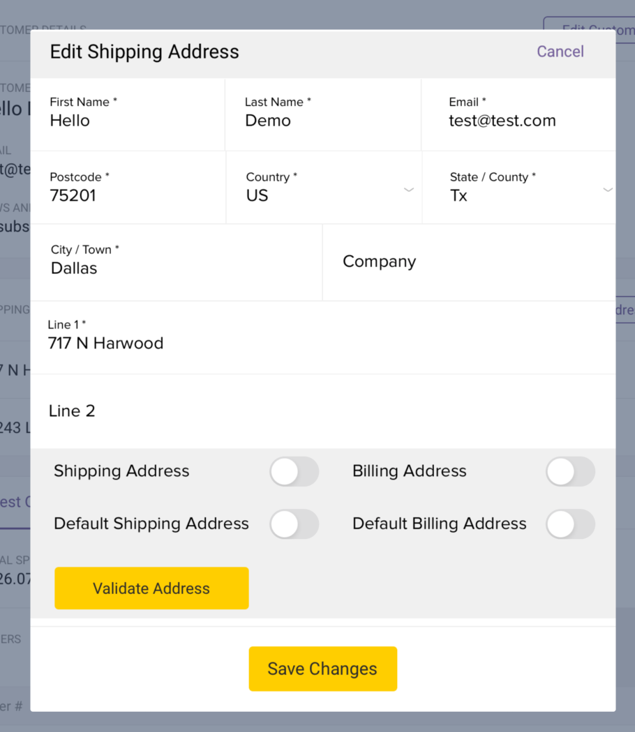 Pop-up prompting the user to edit shipping address configurations