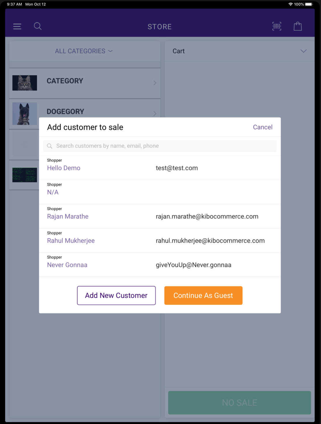 Pop-up prompting the user to search for a customer, add a new one, or continue as guest