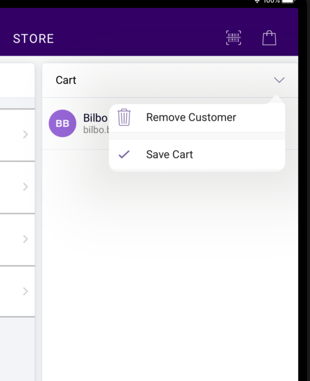 Close-up of the cart drop-down menu with options for Remove Customer and Save Cart