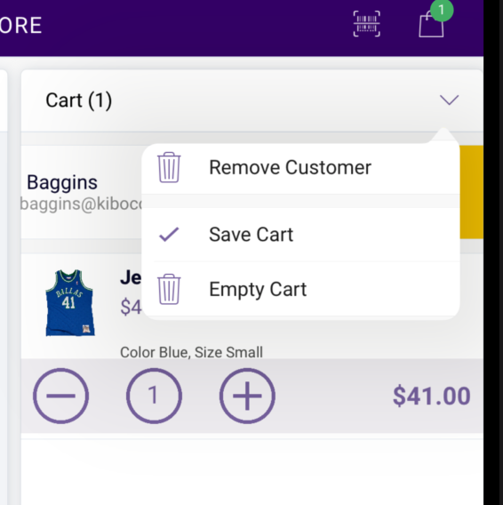 Close-up of the cart drop-down menu with options to Remove Customer, Save Cart, and Empty Cart