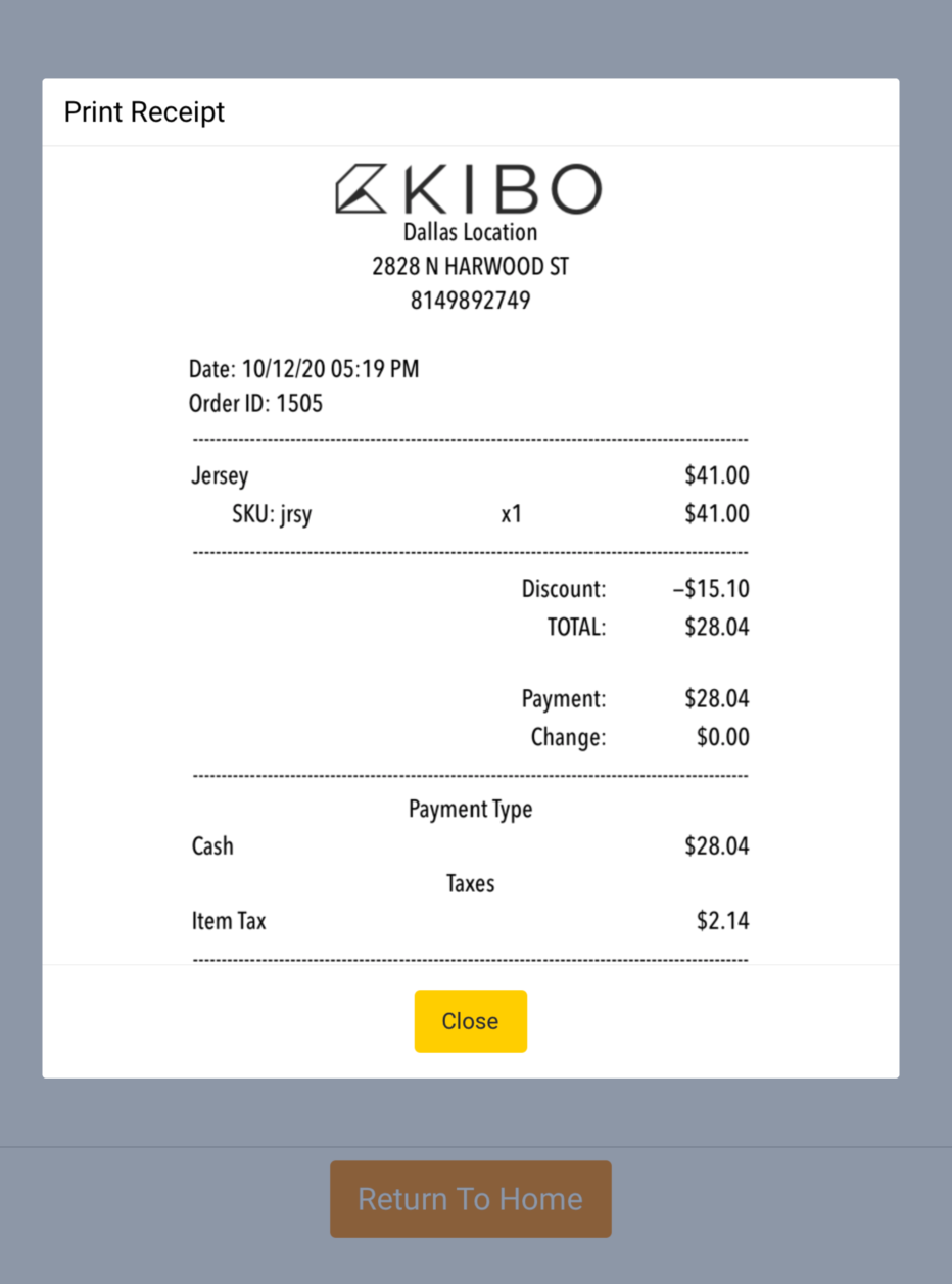 A receipt with order and payment details