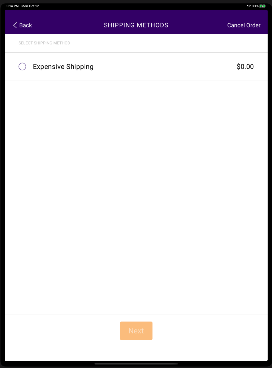The checkout page prompting the user to select a shipping method