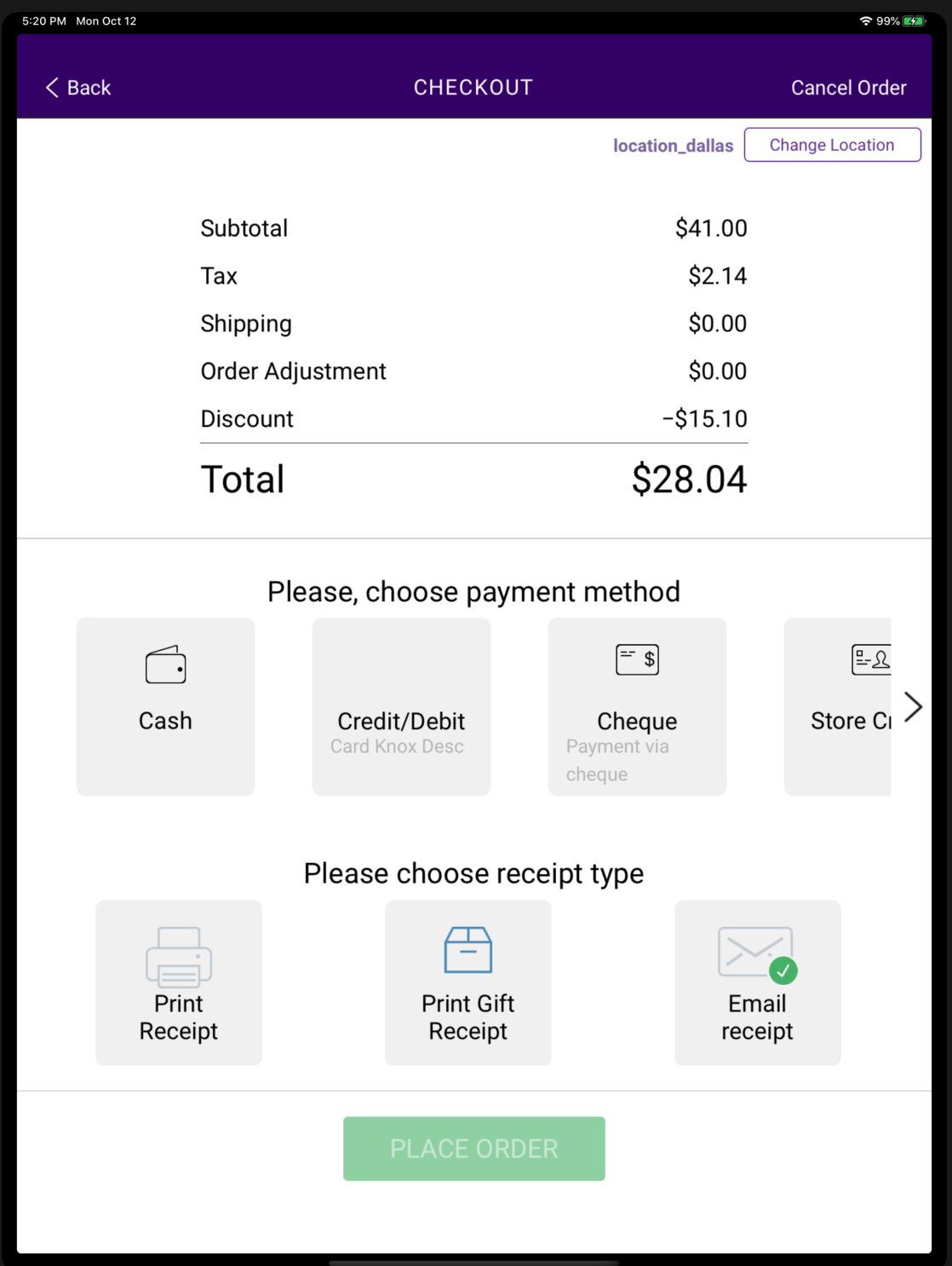 The checkout page prompting the user to select a payment method