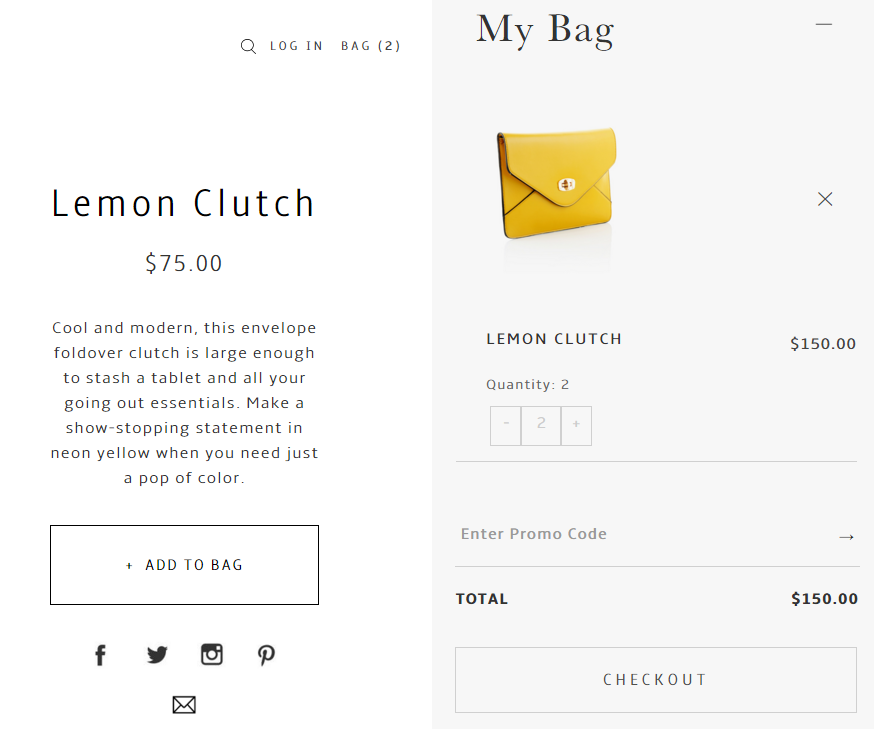 Example of product and cart pages on the storefront