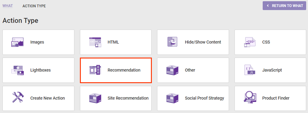 Callout of the Recommendation option option on the Action Type panel