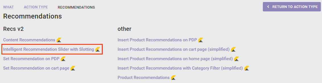 Callout of a recommendations slider with slotting action template option on the Recommendations panel in the WHAT configuration