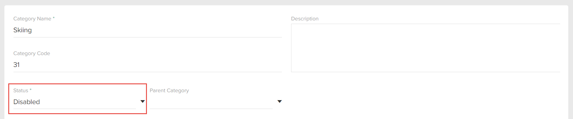 Category configurations with a callout for the Disabled status option