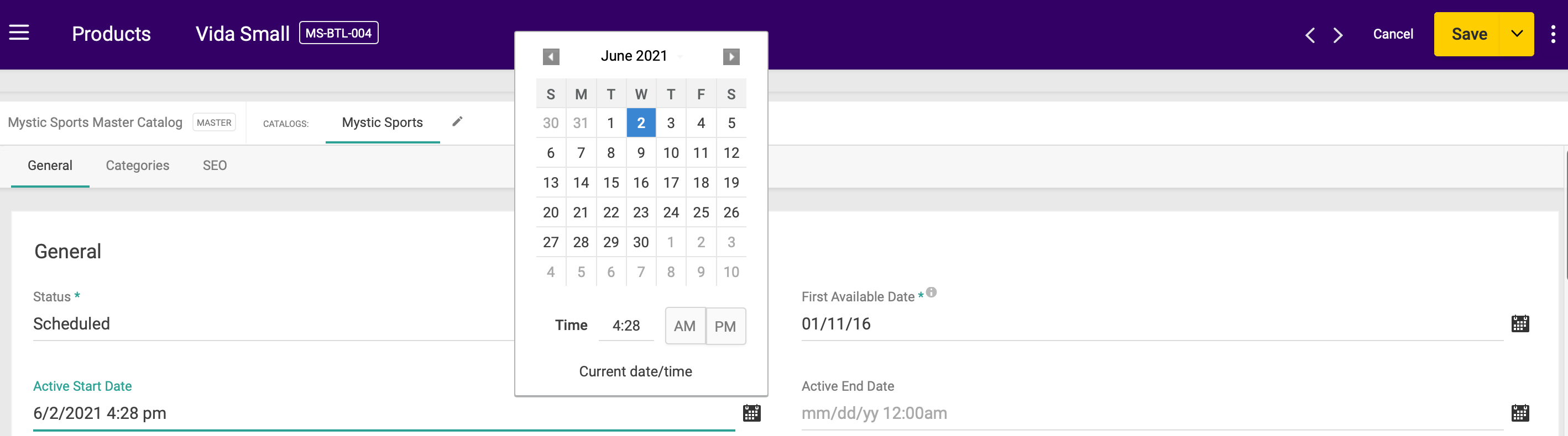 The product configurations showing the calendar selection tool for picking an Active Start Date