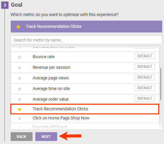 Callout of the Track Recommendation Clicks custom metric and the NEXT button