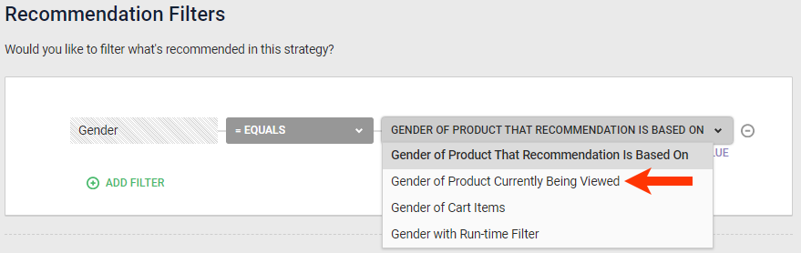 Callout of the 'Gender of Product Currently Being Viewed' dynamic value filter option