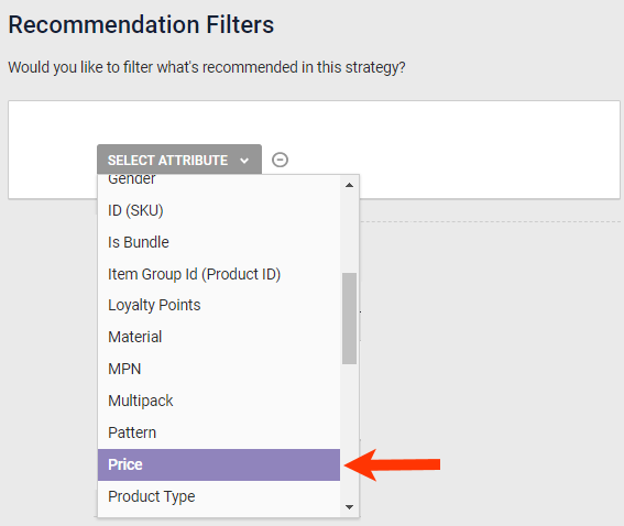 Callout of the Price option from the ADD FILTER selector