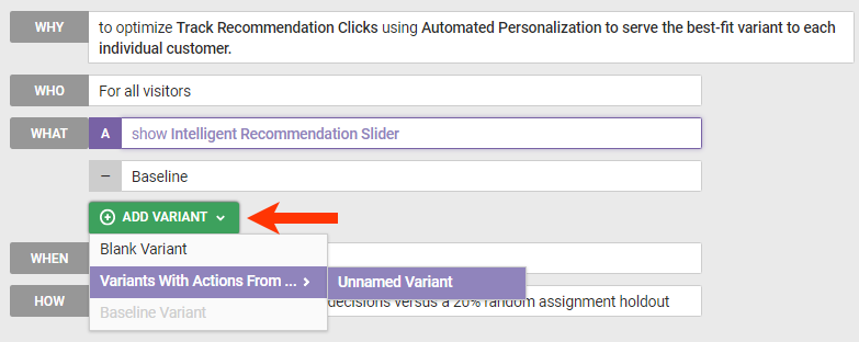 Callout of the 'Unnamed Variant' option in the 'Variants With Actions From' category of the 'ADD VARIANT' selector
