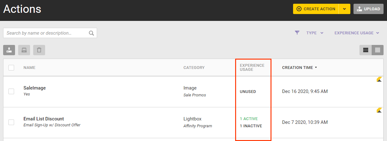 The EXPERIENCE USAGE column on the Actions list page
