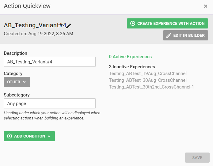 Example of the 'Action Quickview' modal available on the Actions list page