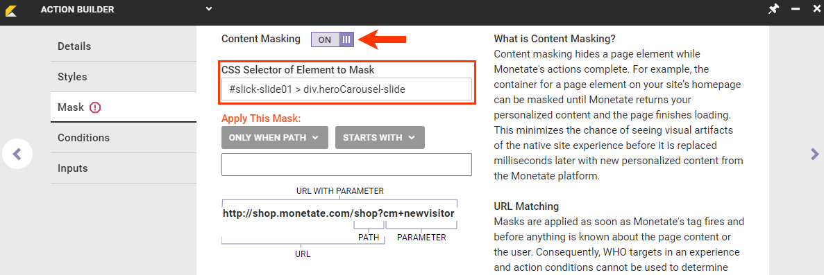 Callout of the Content Masking toggle and the CSS Selector of Element to Mask field