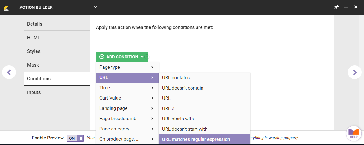 Callout of the 'URL matches regular expression' option in the URL category of the ADD CONDITION selector on the Conditions tab of Action Builder