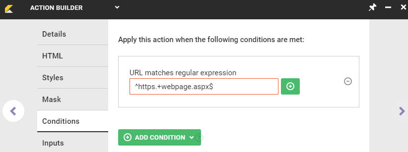 Example of a regular expression entered in the 'URL matches regular expression' field on the Conditions tab of Action Builder