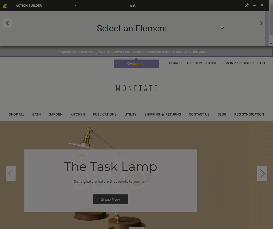 Animated demonstration of how the DOM selector tool appears as the mouse pointer lands on various site elements