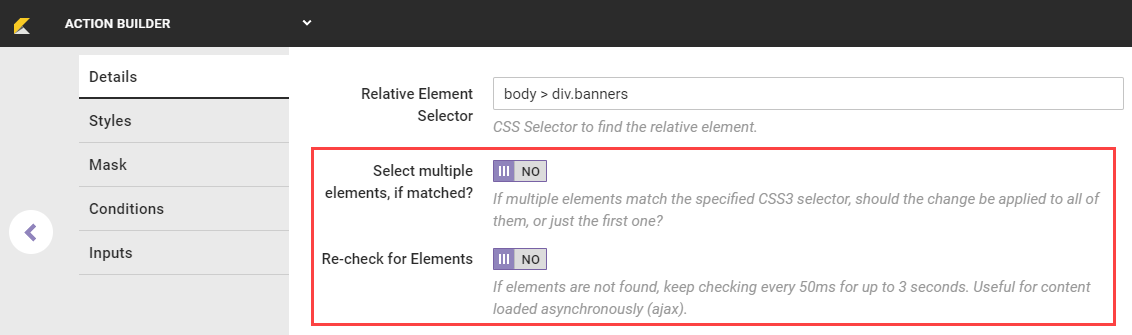 Callout of the 'Select multiple elements, if matched?' toggle and the 'Re-check for Elements' toggle