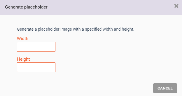 The 'Generate placeholder' modal, with fields to input height and width measured in pixels
