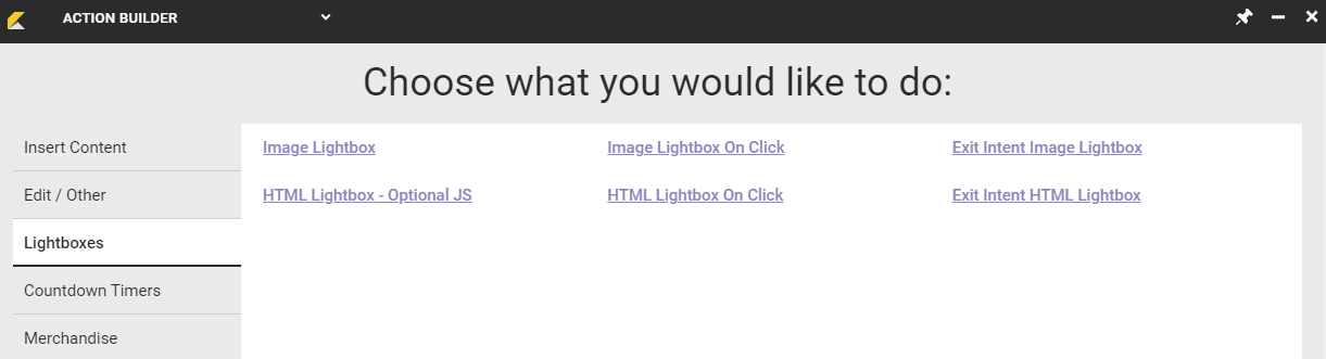 The Lightboxes tab with the lightbox action options