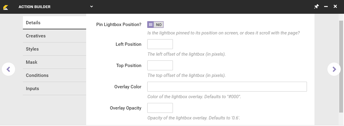 Example of the lightbox-specific settings on the Details tab