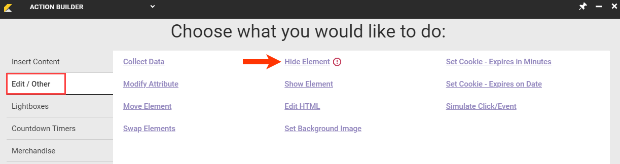 Callout of the Edit/Other tab and the Hide Element option