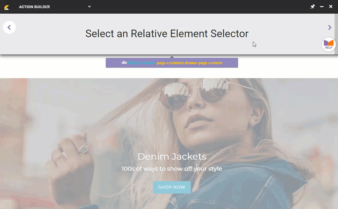 Animated demonstration of a user selecting a relative element selector