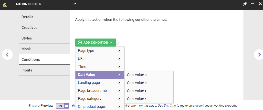 Example of the options available in the Cart Value category on the Conditions tab of Action Builder
