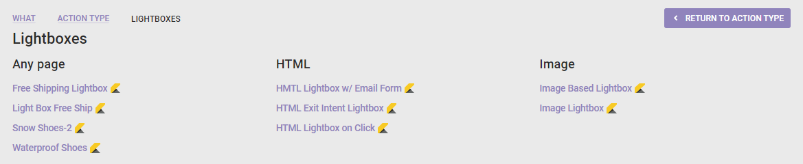 The Lighboxes action templates available in Experience Editor