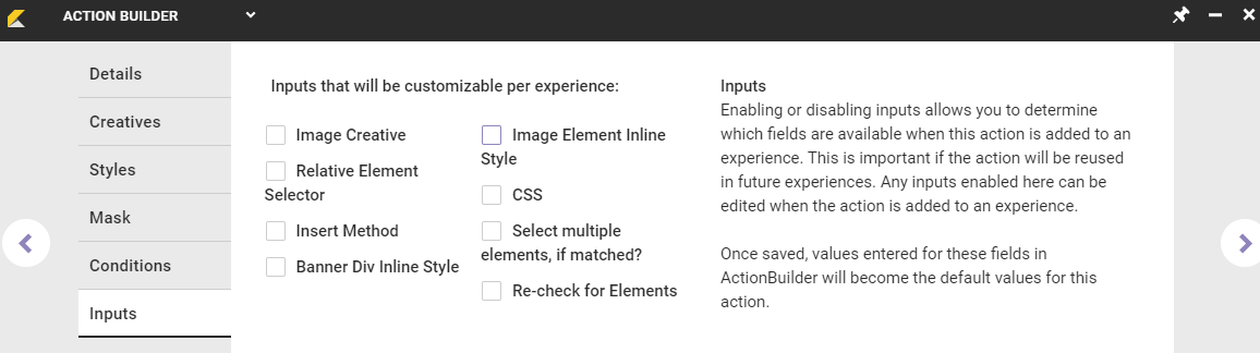 The Inputs tab for an image-based action built in Action Builder, with no input options selected