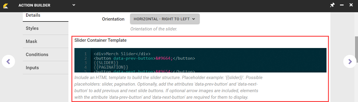 Callout of the Slider Container Template code editor and the SELECT DYNAMIC TEXT selector