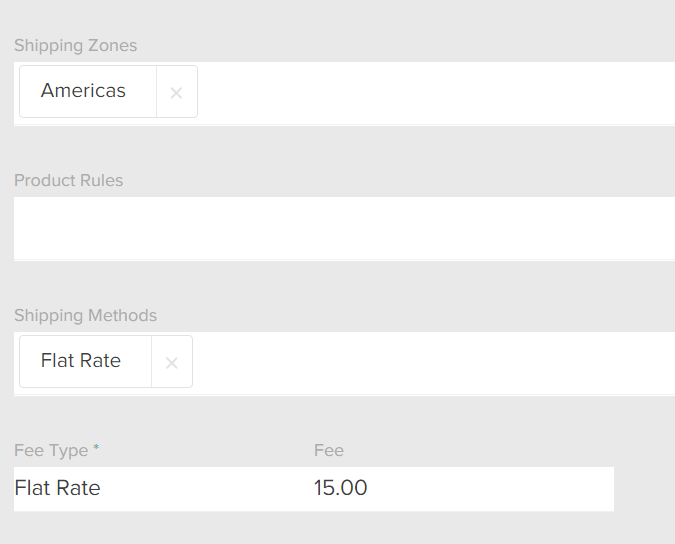 Close-up of the shipping zone settings with an example flat rate fee