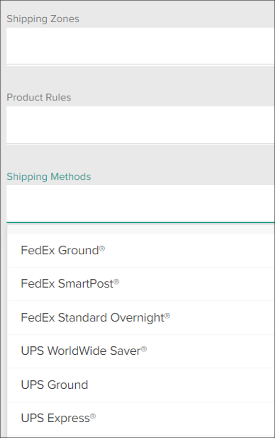 Close-up of the shipping zone settings form and the drop-down shipping methods menu