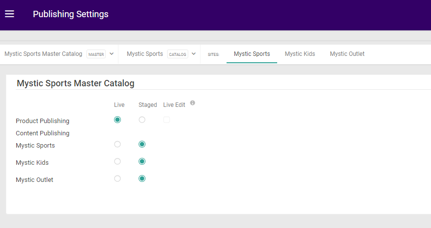 The Publishing Settings page for a master catalog