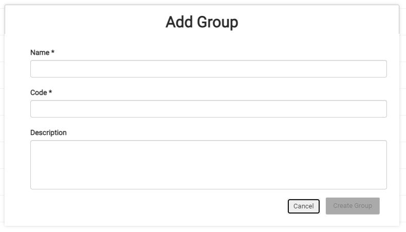 The Add Group module with forms for name, code, and description