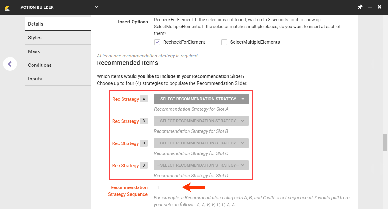 Callout of the selectors for recommendation strategies A through D and the Recommendation Strategy Sequence text field