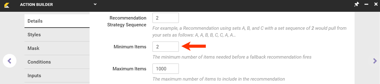 Callout of the Minimum Items field on the Details tab