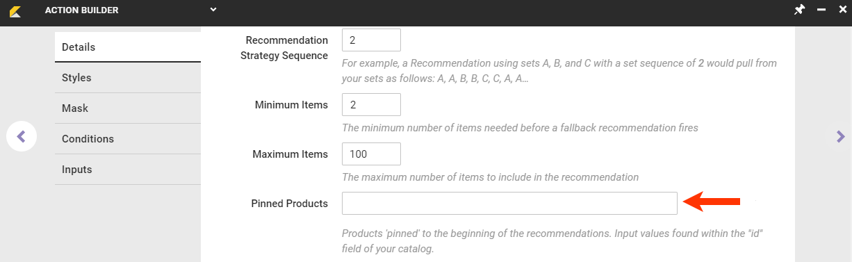 Callout of the Pinned Products field on the Details tab