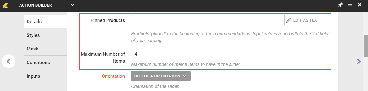 Callout of the Pinned Products field and the Maximum Number of Items field on the Details tab