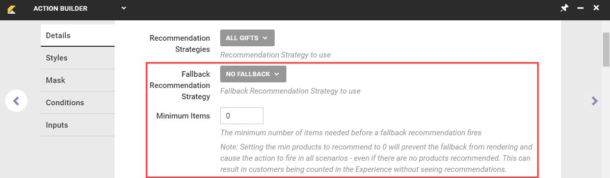 Callout of the Fallback Recommendation Strategy selector and the Minimum Items field on the Details tab