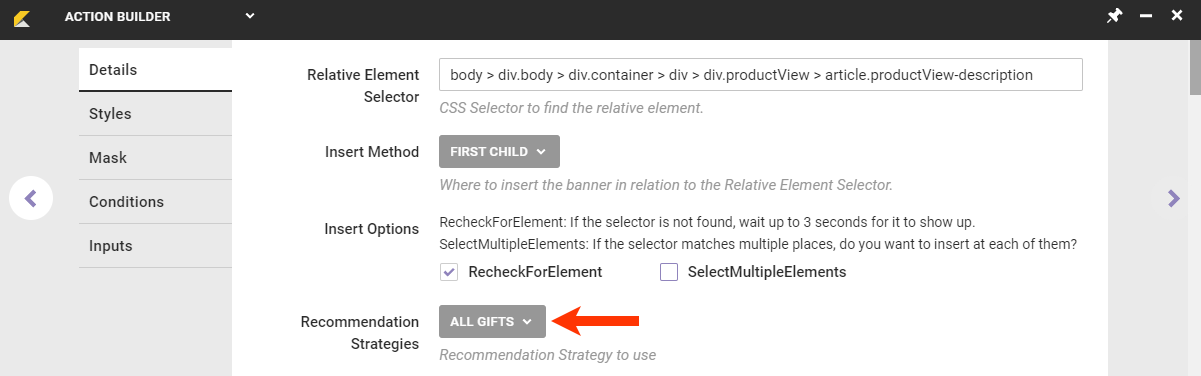 Callout of the Recommendation Strategies selector