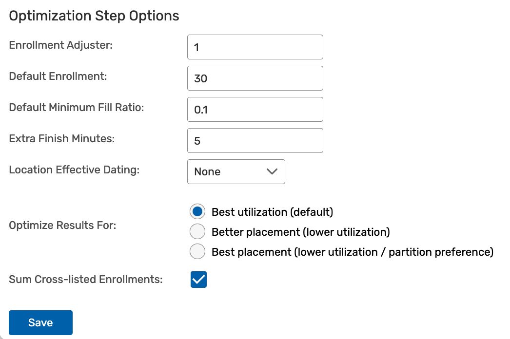 optimization step configurations on the optimizer configuration form
